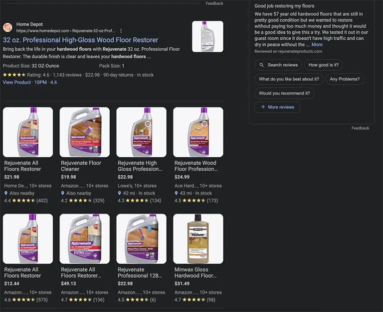 A screenshot of a Google search query for Rejuvenate floor cleaner, showing the various places it is for sale, including Home Depot, Amazon, Lowe's, and Ace Hardware.